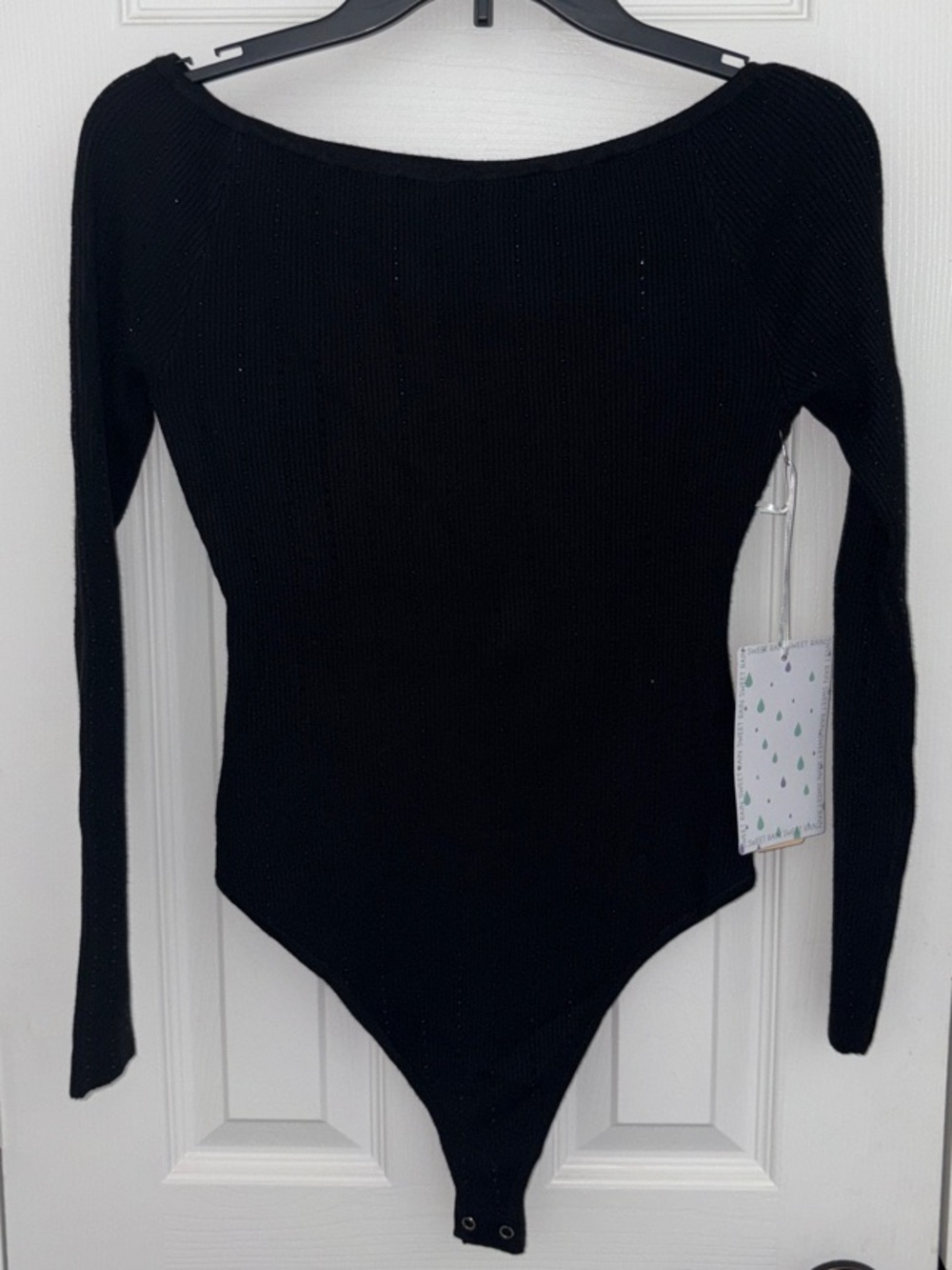 Sweet Rain Black Off-the-Shoulder Ribbed Bodysuit Sweater with black rhinestones